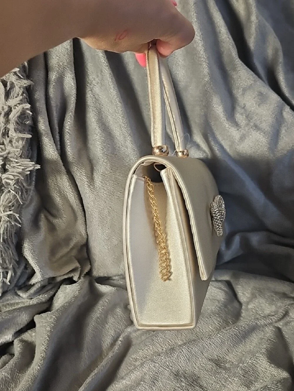 Cream Top-Handle Satchel with Crystal Knot Accent & Crossbody Chain AC